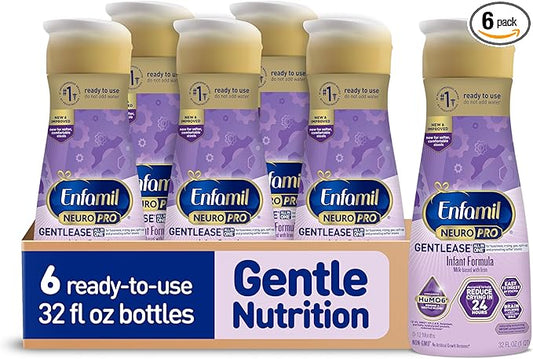 Enfamil NeuroPro Gentlease Ready-to-Feed with Smaller Proteins for Easy Digestion, Brain Supporting DHA, Prebiotic, HuMO6* Blend, Baby Formula for easing Fussiness, Crying, Gas, Spit-up in 24hrs, 32 Fl Oz,Liquid, Pack of 6