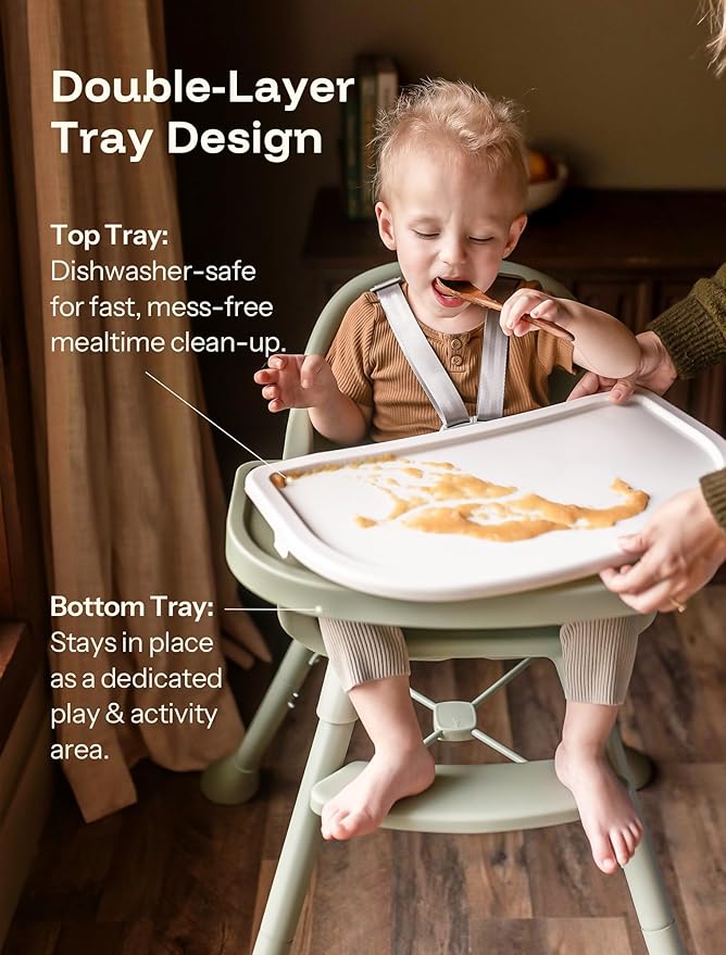 HARPPA 2 in 1 Baby High Chair for Babies and Toddlers, Convertible High Chairs with Removable Double Tray, Waterproof PU Seat Cushion, Anti-Slip Footrest and 5-Point Harness for 6–36 Months, Sage