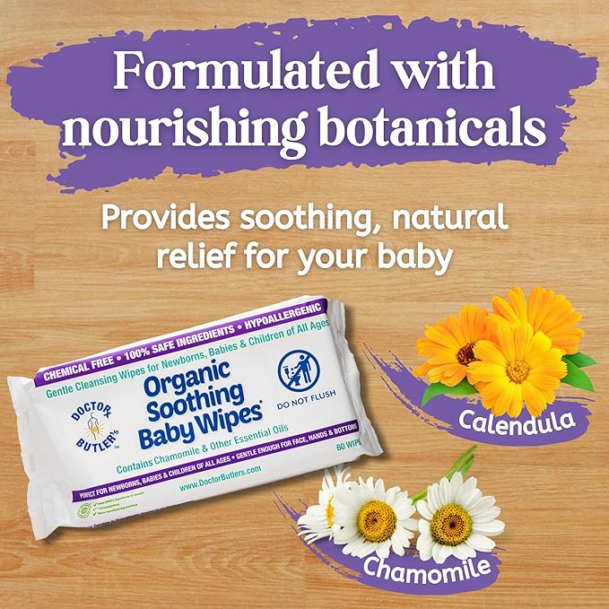 Doctor Butler's Organic Baby Wipes - Hypoallergenic & Unscented Baby Wipes, Safe for Baby Sensitive Skin Care, Made with Chamomile & Essential Oils (9pk – 60 Wipes)