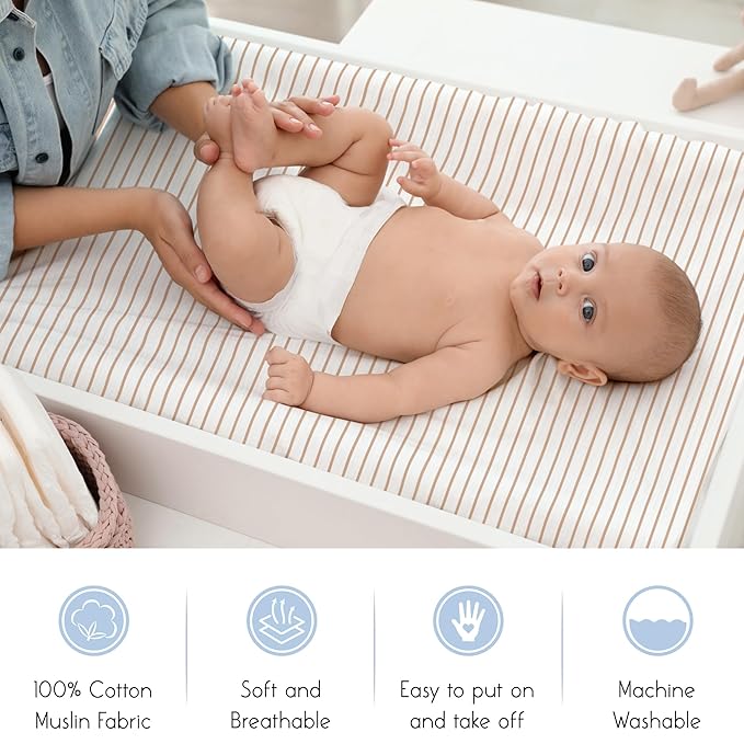 Meracorallo Muslin Changing Pad Cover, 100% Cotton Soft and Comfortable Changing Table Cover for Baby Boys and Girls, Neutral Stripe
