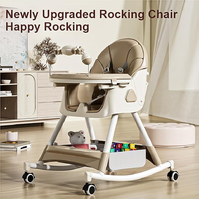 PU Leather Baby High Chair with Rocking Mode for Babies and Toddlers, Foldable Baby Eating Chair with Adjustable Backrests and Heights, Convertible Highchairs with Wheels (Khaki)