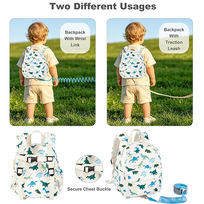 Corduroy Toddler Backpack with Detachable Leash and Anti-Lost Wrist Link, Safety Harness Walking Backpack for Toddler Boys Girls 1-3, Cute Dinosaur Travel Backpack with Leash for Kids