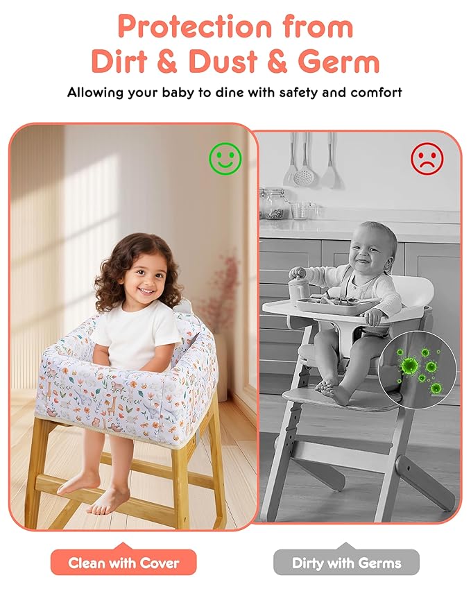 High Chair Cover Portable with 3-Point Harness, Waterproof Baby Seat Cover for Restaurant Travel Home Use, Machine Washable, Fits Wooden Chairs (Yellow Animal)
