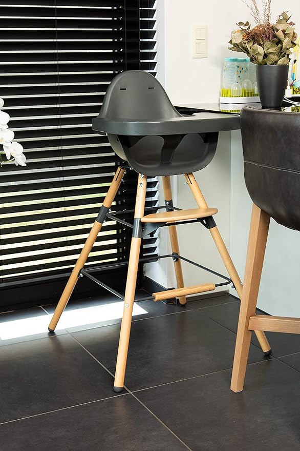 Childhome Evolu One.80° 2 in 1 Baby High Chair with 180° Swivel, Adjustable Height Baby High Chair, Sleek Modern with Beechwood Legs, Anthracite