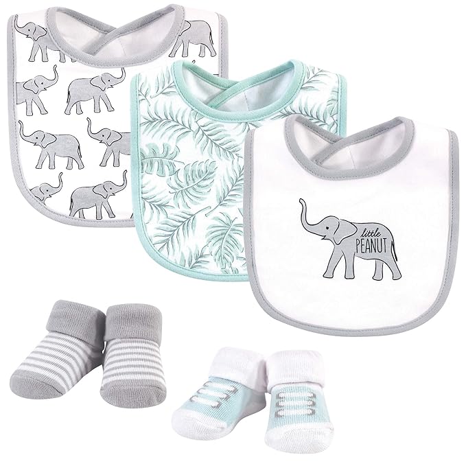 Hudson Baby Unisex Baby Cotton Bib and Sock Set, Modern Safari Elephant, One Size