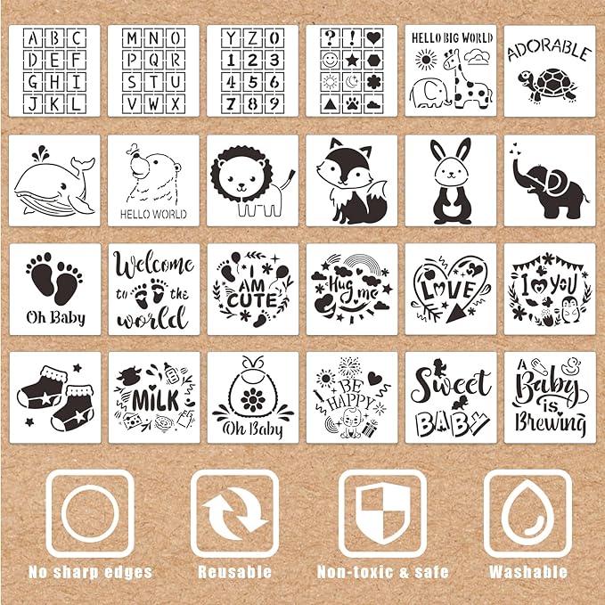 SytuHe 95 Pcs DIY Baby Bibs Decorating Kit50 White Bibs 24 Stencils 20 Fabric Markers 1 Baby Shower Game Sign