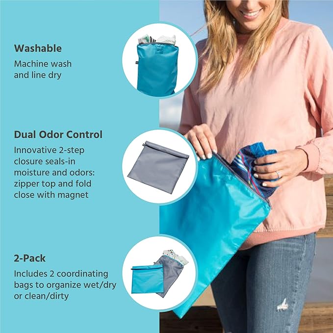 J.L. Childress Wet-to-Go Portable Wet and Dry Bags, Waterproof and Leakproof, Machine-Washable, Reusable for Cloth Diapers, Wet Clothes, Swimsuits, and more. 2 Pack, Teal/Grey