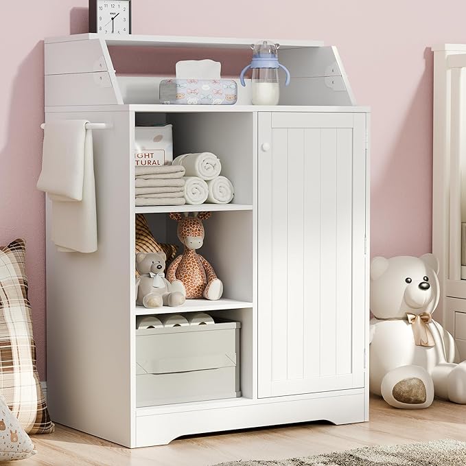 Gyfimoie Baby Changing Table with Foldable Tabletop, White Storage Cabinet with Shelf & Door Rack, Modern Diaper Changing Station with Storage, Perfect for Bedroom & Nursery (Pad Not Included)