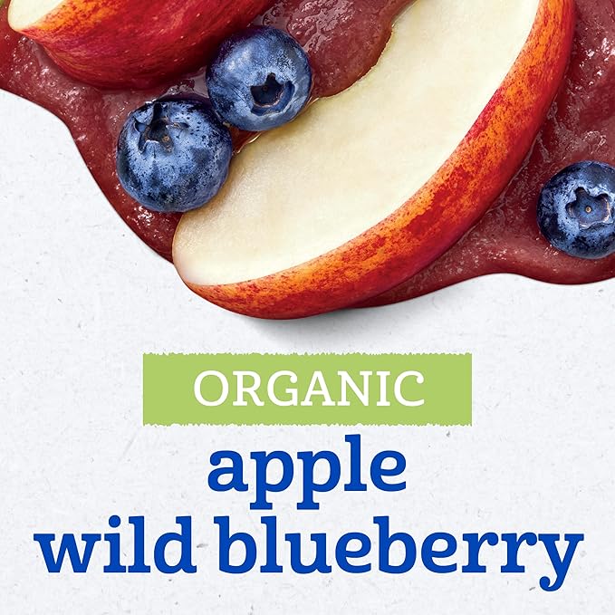Gerber Stage 2 Baby Food, Organic Apple Wild Blueberry Jar, Fruit Puree, Vitamin C, Non-GMO, Baby Food Fruit, Puree Jars Glass, 10-pack