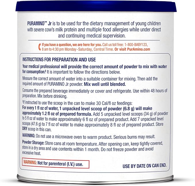PurAmino Junior, Hypoallergenic Amino Acid based Powder for Severe Food Allergies and GI conditions, Nutritionally Complete for Ages 1 and older, 14.1oz can, Pack of 4