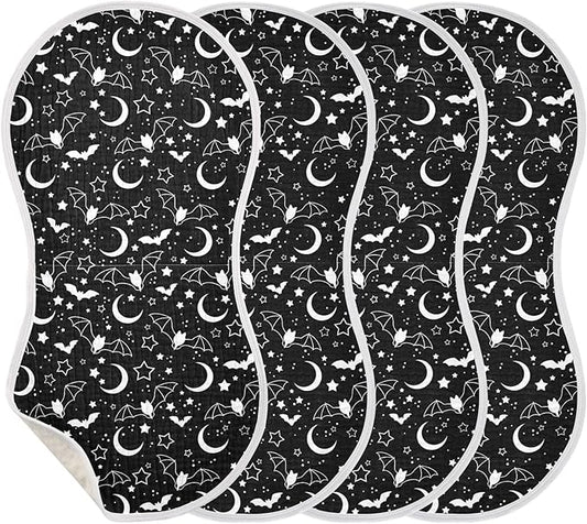 Muslin Burp Cloths for Baby Boys and Girls - 4-Pack Ultra Absorbent Halloween Bats Moons Star Muslin Washcloths, Newborn Towel, Milk Spit Up Rags, Burp Cloth Bib for Unisex, 22 x 11 Inch