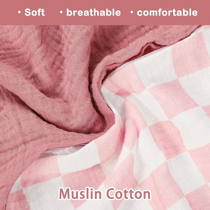 DILIMI Muslin Nursing Pillow Cover 2 Pack, Removable Nursing Cover for Breastfeeding Pillows, Ultra Soft Comfortable Slipcover for Baby Girl and Boy, Pink and Checkered