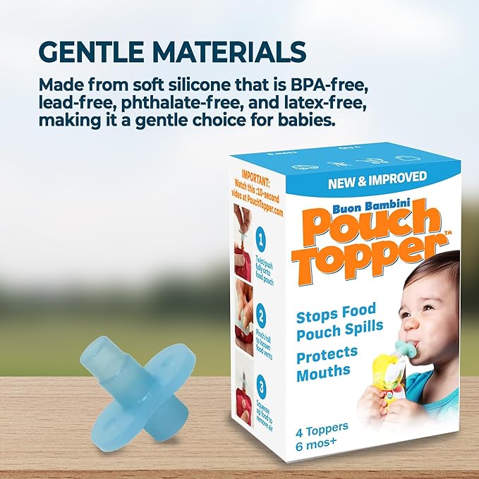 Soft Sip Baby Food Pouch Toppers - 100% Silicone, Dishwasher-Friendly and Mess-Free Feeding for Babies 6 Months+, Universal Fit for All Brands, Ideal for Chunky Meals, and Travel - Aqua Blue, 4 Packs