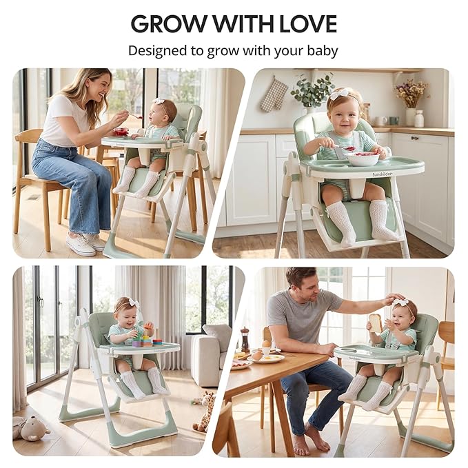 Sunchild 3-in-1 Baby High Chair with Wheels, 5-Point Harness, Tray, Footrest, and Backrest, Foldable and Adjustable for Toddlers 6-36 Months, Green