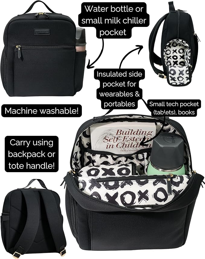 Sarah Wells Mini Breast Pump Bag – Fifi Small 13" Neoprene Backpack for Wearable & Portable Pumps – Lightweight, Insulated Pocket, 13” Laptop Sleeve, Machine-Washable (Black)