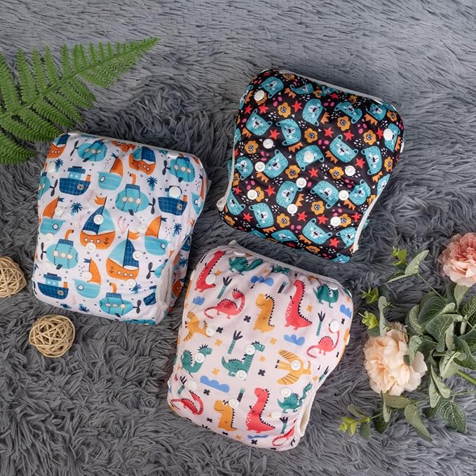Babygoal Baby Swim Diapers 3 Pack for 0-8 Months Infant Girls and Boys, Reusable Adjustable Washable for Swimming Lessons-Boat, Bear,Dinosaur