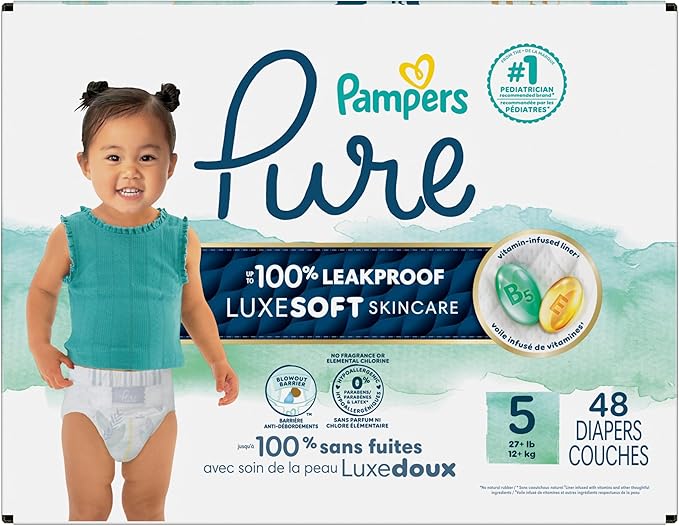 Pampers Pure Baby Diapers, Size 5 (27+ lbs), 48, Up to 100% Leakproof, Premium Hypoallergenic Soft Diapers