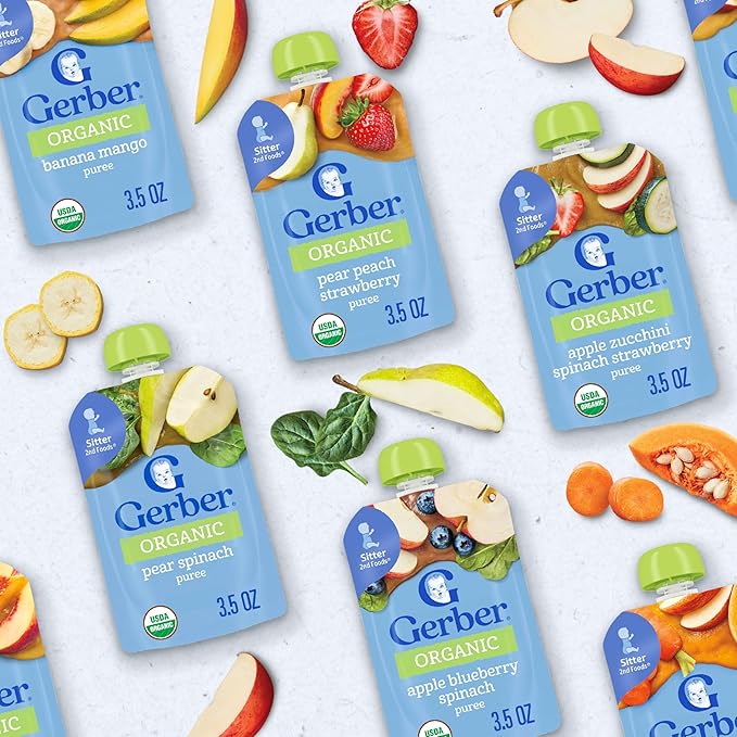 Gerber Stage 2 Baby Food, Organic Pear Peach Strawberry Puree Pouch, 2 Servings of Fruit, No Added Sweetener, No Artificial Colors or Flavors