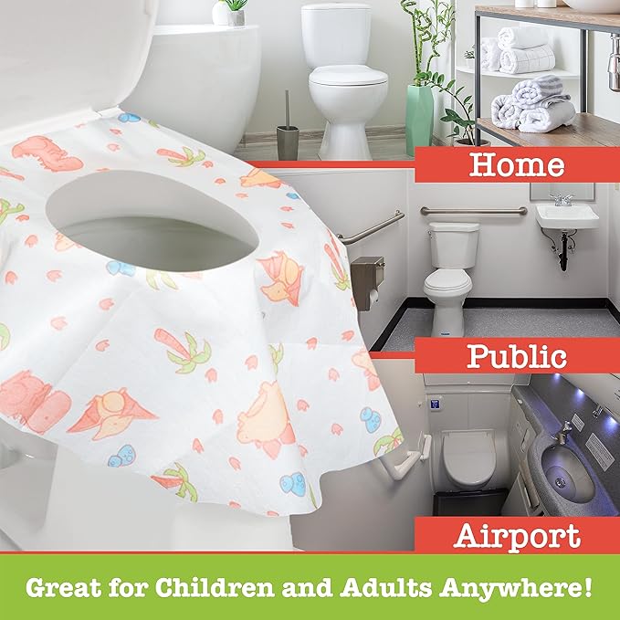 Potty Shields Toilet Seat Covers Disposable (20 pk, Dinosaurs) - XL Waterproof Toilet Cover for Toddlers, Kids & Adults - Portable & Individually Wrapped for Travel, Potty Training, Public Restrooms