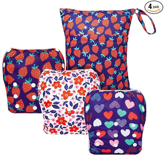 ALVABABY 3pcs Large Baby Swim Diapers with 1pcs Wet Bag Reuseable Washable & Adjustable for Swimming Lesson & Baby Boy and Girl 3ZYKL02