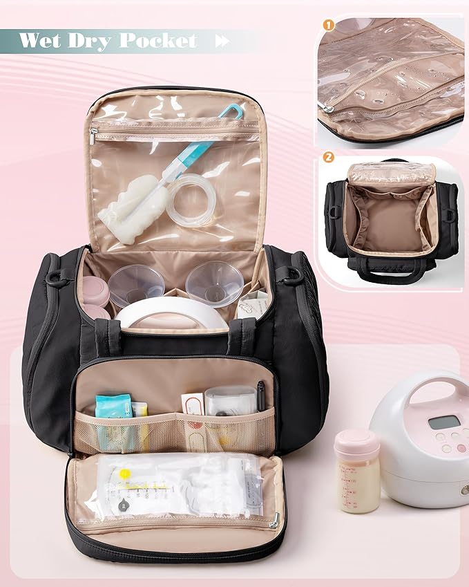 Marscamd Quilted Breast Pump Bag Compatible with Spectra S1 and S2, Pumping Bag with Cooler Compartment and a Drying Mat, Black