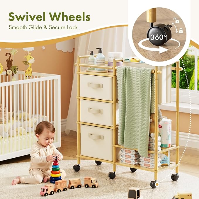 Solid Bamboo Baby Diaper Caddy Cart, Diaper Cart Organizer with Wheels, Mobile Multi-Functional Small Baby Care Station, Store All baby Supplies，for Nursery, Changing Table and Crib