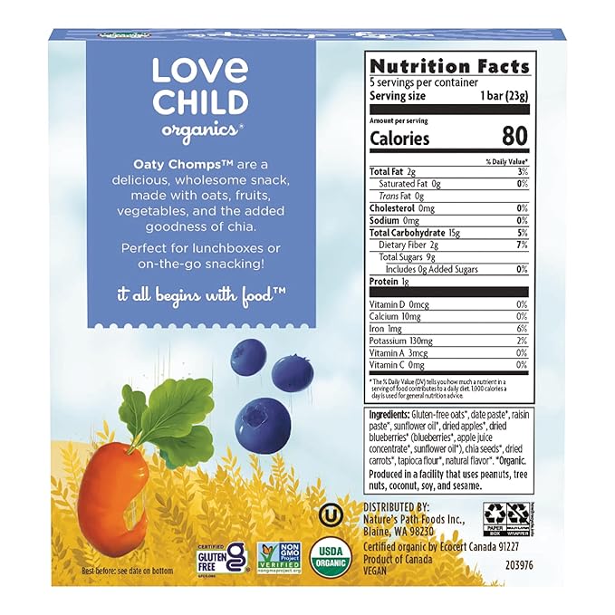 Love Child Organics Oaty Chomps Blueberry + Carrot Snack Bars, 4 oz (Pack of 8), Gluten Free, Non-GMO, by Nature's Path