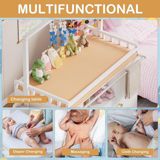PAKASEPT Baby Changing Table, Infant Diaper Changing Station with Wheels & Wide Table Top & Clothes Rail, Baby Changing Table with Two Drawers and Cabinet for Nursery and Kids