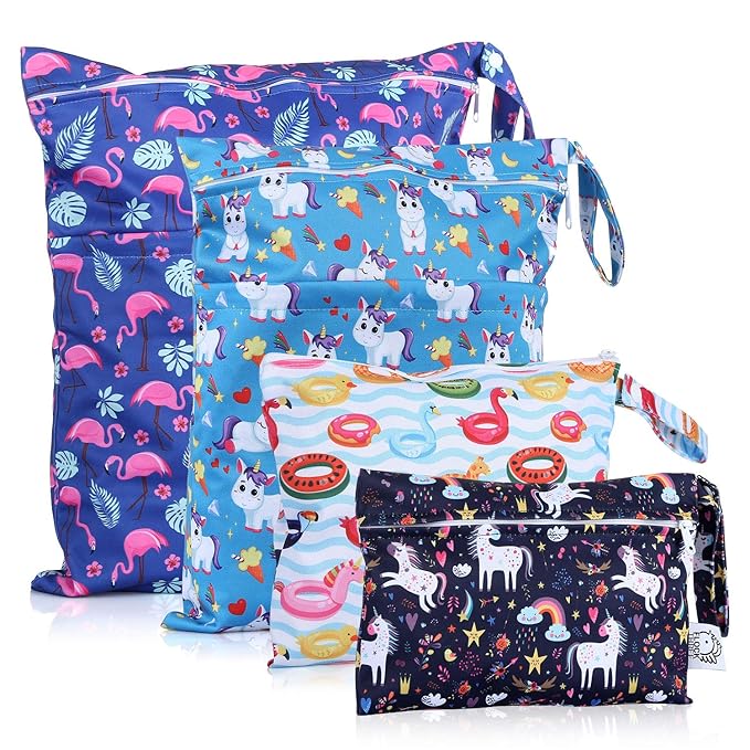 Waterproof and Reusable Wet Bag Diaper Stroller Water Resistant Swimsuit Travel Toiletries Yoga Gym Washable Carrier Small Medium Large Flamingo 4 Pack