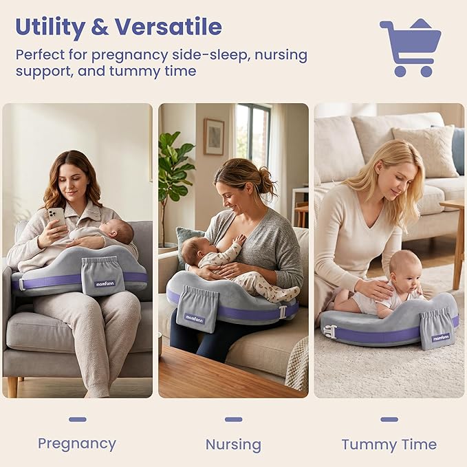 MOMFANN Nursing Pillow for Breastfeeding, 60D Firm Memory Foam, Ergonomic Lumbar Support & Safety Fence, Wider Cushion for Back Pain Relief, Adjustable Strap, Removable Machine Washable Cover -Gray