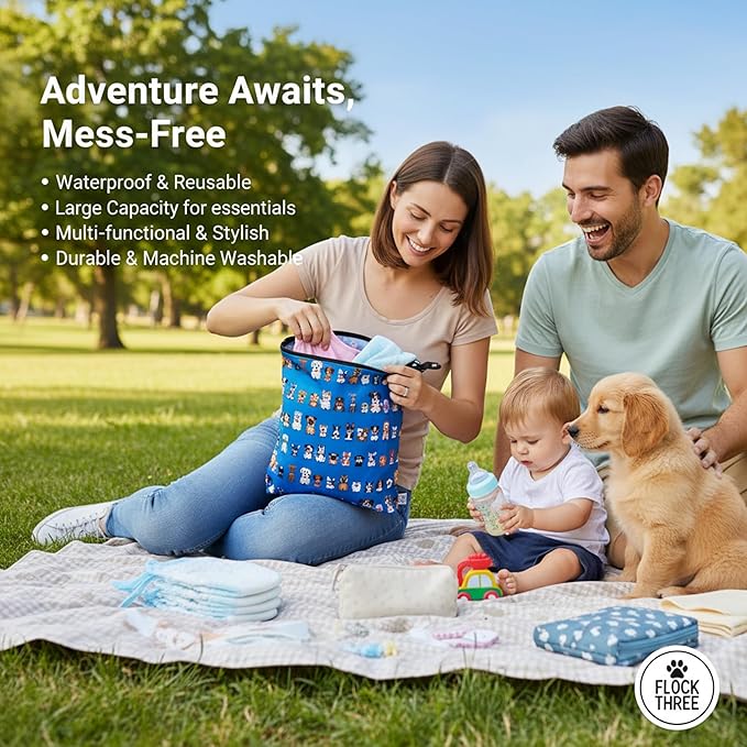 FLOCK THREE Washable and Reusable Wet Bag Diaper Bag Water Resistant Swimming Bag Travel Toiletries Pouch Cute Dog Print Zippered 12.6'' x 16.5''