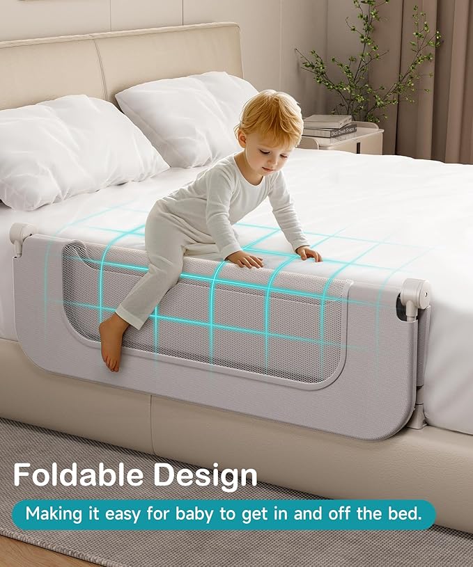 Bed Rail for Toddlers, Baby Bed Rail Guard with U-Shape Base, Height Adjustable & Foldable Toddler Bed Rails for Full Size, Queen, King, Twin (Grey, 33in)