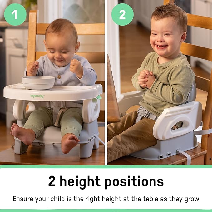 Ingenuity Deluxe Comfort Booster Seat for Kitchen Chair, Compact Fold, Portable, Lightweight, Toddler Booster Seat for Dining Table, from 6 Months to 3 Years – Grey