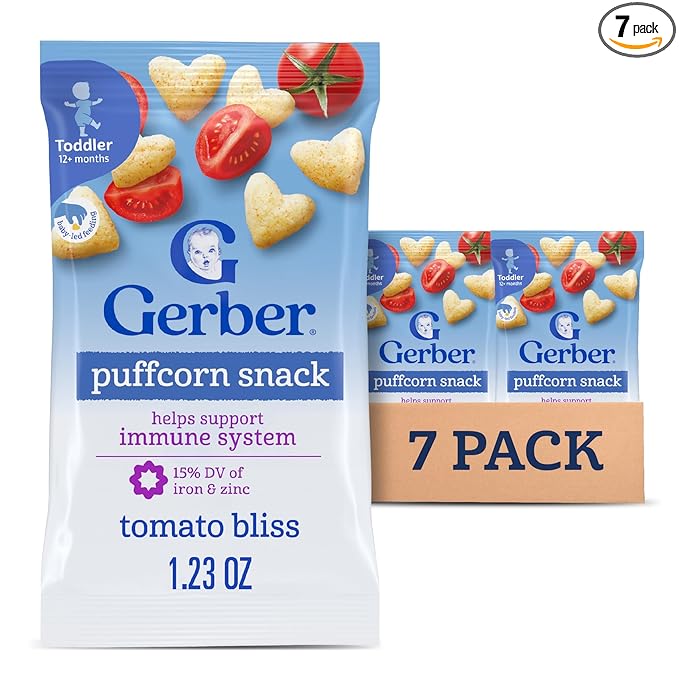 Gerber Toddler Snacks, Snacks for Kids, Kernel Free, Heart Shaped Puffcorn Snack, Tomato Bliss Flavor, Zinc and Iron Helps Support Immune System, 7-Pack