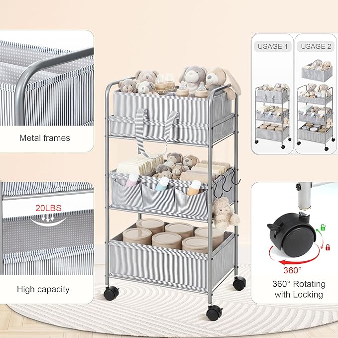 WILLBOND 2 in 1 Baby Diaper Caddy Organizer Cart, 3 Tier Large Stripe Bedside Rolling Cart Metal for Baby Essential with Divider for Newborn Registry Must Have Nursery Bedroom Mother Gift(Gray)