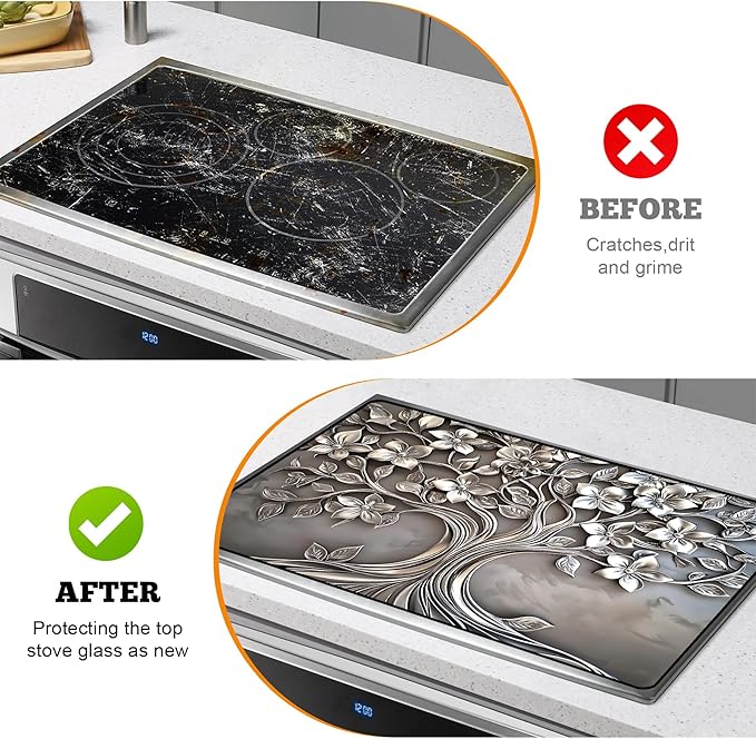 Multi-Design Stove Top Cover for Glass/Electric Stoves - 3-in-1 Heat-Resistant Protector Mat, Non-Slip Drying Rack 30"x21" (Silver-Tree)
