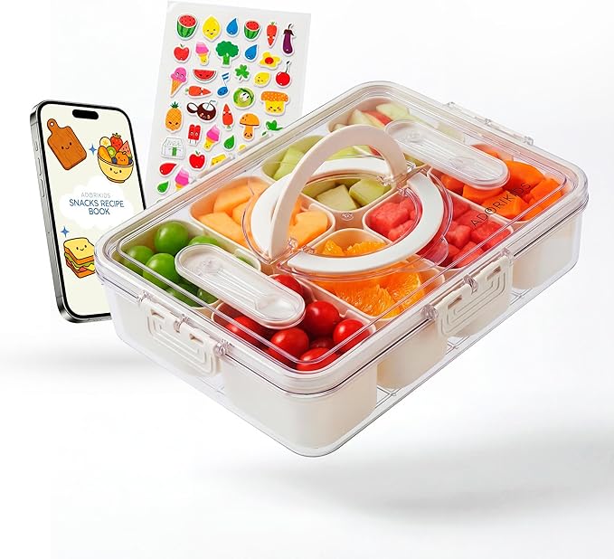 Travel Snack Container for Kids – Snackle Box with 8 Removable Compartments, Utensils and Recipe QR – Snack Box for Road Trips, Beach, Picnic and School Lunch
