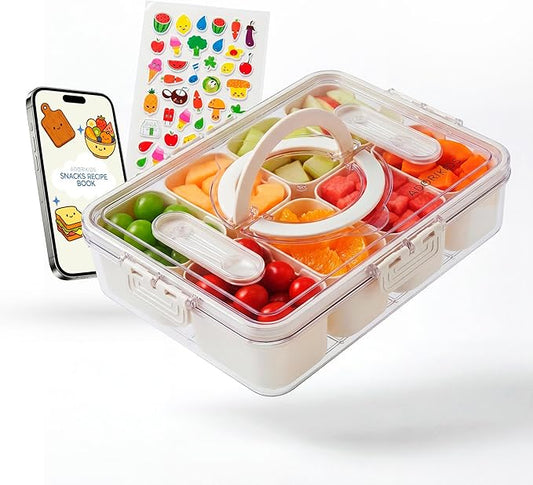 Travel Snack Container for Kids – Snackle Box with 8 Removable Compartments, Utensils and Recipe QR – Snack Box for Road Trips, Beach, Picnic and School Lunch