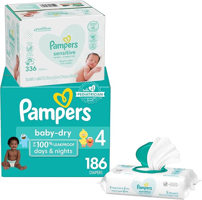 Diapers Size 4, 186 Count and Baby Wipes - Pampers Baby Dry Disposable Baby Diapers, ONE MONTH SUPPLY with Baby Wipes Sensitive 6X Pop-Top Packs, 336 Count (Packaging May Vary)