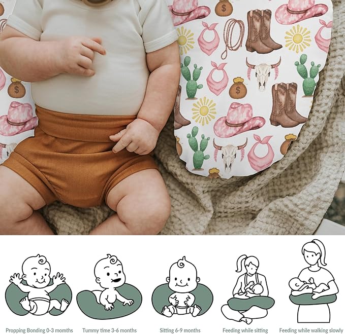 Pink Western Cowgirl Baby Nursing Pillow Covers for Girl Cowgirls Boots Hat Horse Cactus Sun Cow Skulls Nursery Slipcover for Breastfeeding Pillows Wild West Soft Stretchy Cover for Newborn Infant