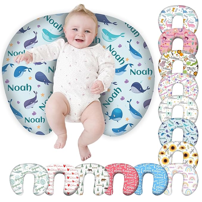 Personalized Baby Nursing Pillow Cover Custom with Name, Whale Theme Customized Boy & Girl Gifts