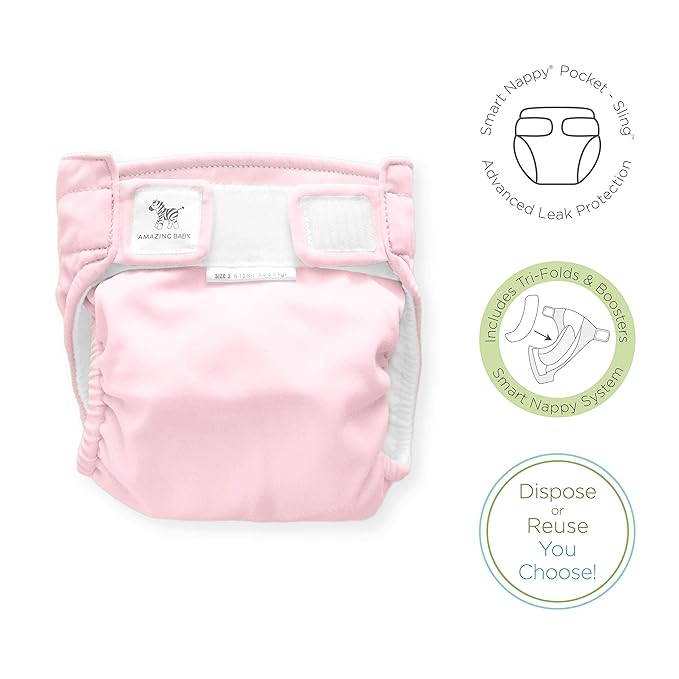 Amazing Baby Hybrid Cloth Diaper Cover/Swim Diaper, Small, Sz 2 (8-15 lbs), Use Boosties Disposable or Reusable Inserts, Pastel Pink, SmartNappy Set: Cover + Tri-Fold + Booster Pad