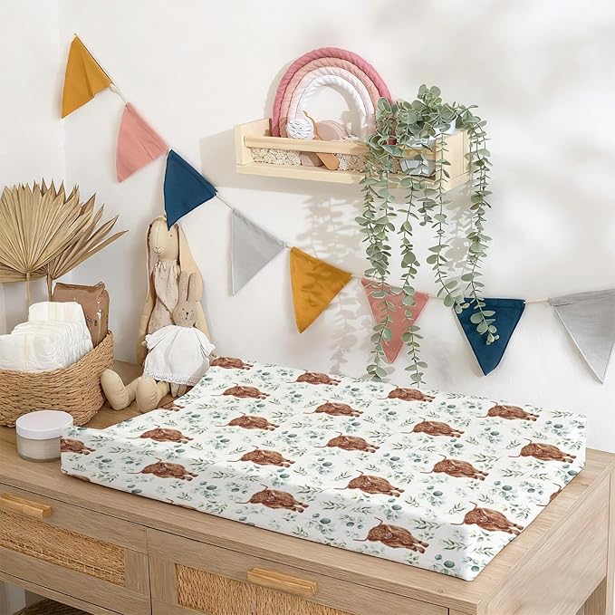 Changing Pad Cover for Baby Girls, 32"/34" x 16" Safe Snug Diaper Change Table Pad Covers, Soft Stretchy Changing Pad Sheets Highland Cow Eucalyptus Leaves Theme Nursery Decor