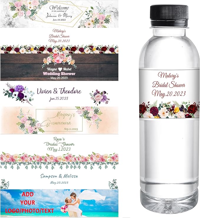 Personalized Water Bottle Labels for Wedding Custom Wedding Labels with Name for Water Bottle Stickers Waterproof Printable Photo Bottle Labels Bridal Shower Gifts 50 Pcs
