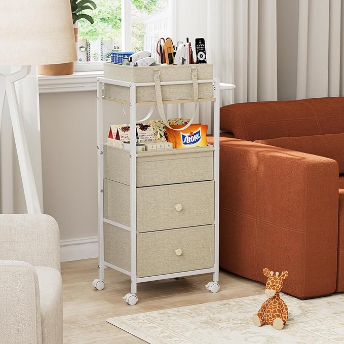 Modanais Baby Diaper Caddy Organizer Cart with Drawers - 3In1 Rolling Storage Cart with Wheels, Removable Diaper Caddy, Detachable Dividers - for Crib, Bedroom, Art & Craft Organizer (Off White)