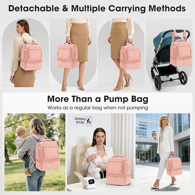 RAINSMORE Wearable Breast Pump Bag, Willow/Eufy/Elvie/Spectra/Medela/Momcozy M5/S12 Pro, Breast Milk Cooler Travel Bag with Cooler Compartment & Ice Pack, Pink