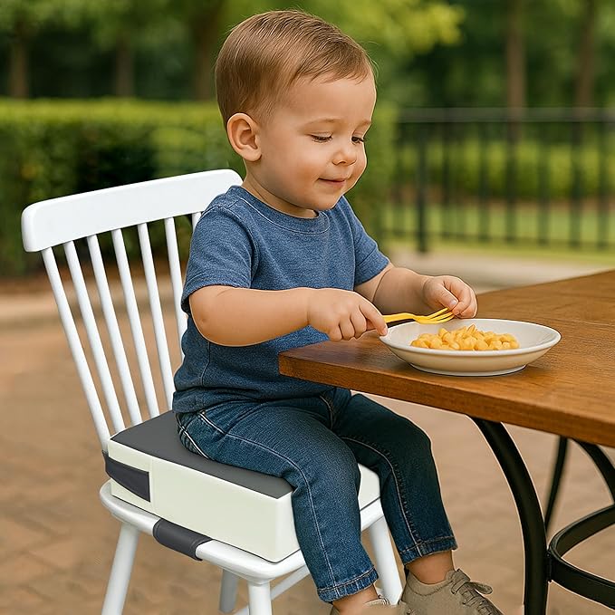 Toddler Booster Seat for Dining Table – PU Washable Cushion with Double Safe Straps, Non-Slip Bottom, Portable Travel Booster Seat for Toddlers (Dark Grey