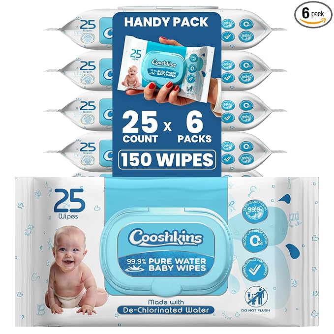 [150 Wipes] De-Chlorinated Pure Water Baby Wipes | 25 Count (Pack of 6) Gentle Unscented Wipes for Sensitive Skin | 99.9% Pure Water Based | Alcohol-Free, Paraben-Free | Soft & Thick
