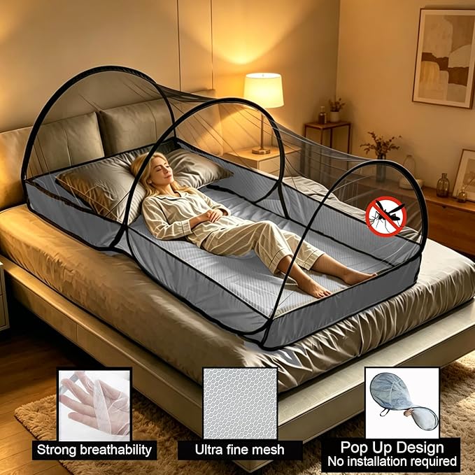 CMINGJ Portable Mosquito Net Foldable Pop-Up Travel Mosquito Net for Bed Free Installation-Suitable for Baby Adults Bedroom, Camping, nap, Patio (Large-Bottom Zipper(Black net))