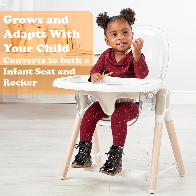 Primo Vista 3-in-1 Convertible High, Toddler, & Rocking Chair, Clear, Transparent Seat, Grows with Child, Modern Style, Adjustable Wooden Legs, Easy to Use, Assemble, Safe & Sturdy, 21.5 x 25 x 40.5"